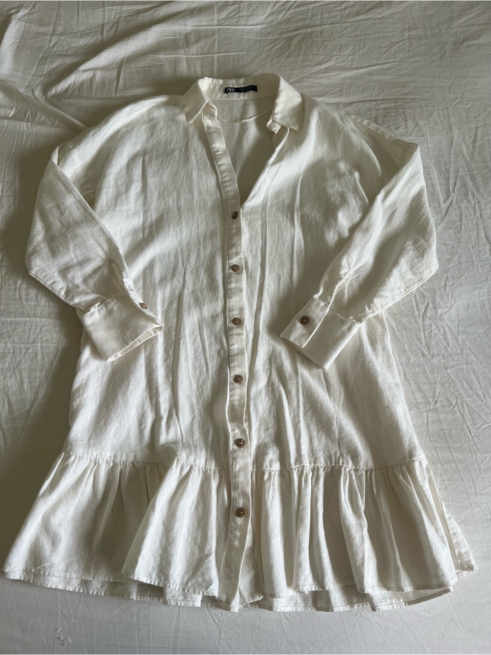 Zara Linen Shirt Dress in White Featuring a Ruffled Peplum Hem